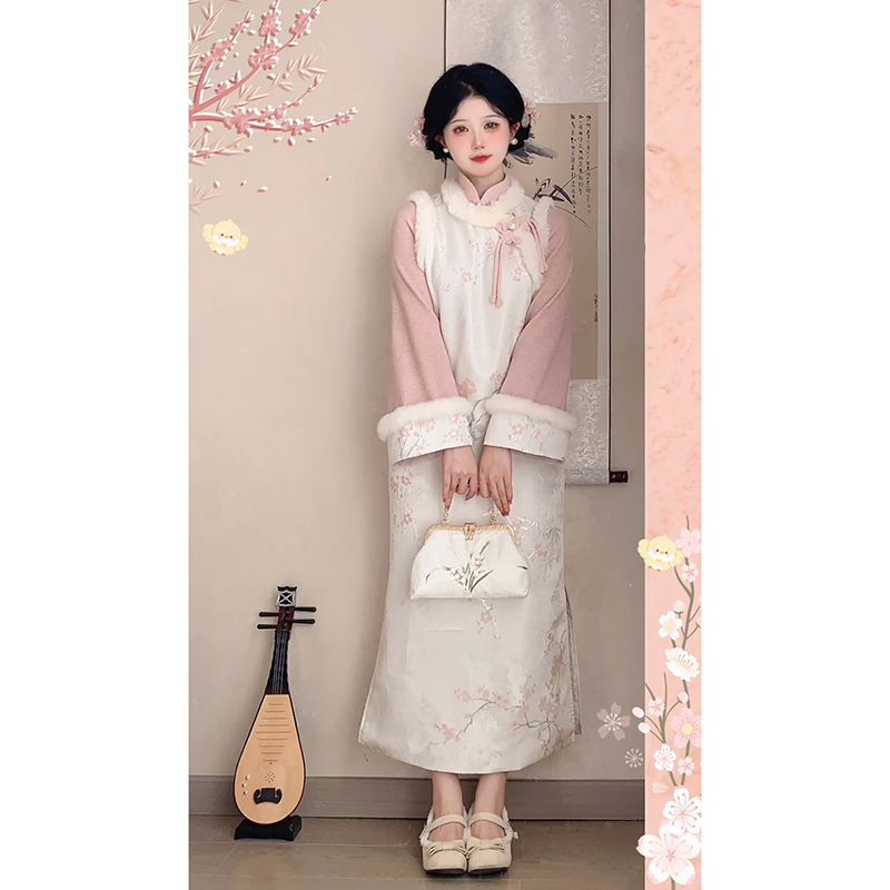 复古风粉白梅花长短马甲搭配旗袍裙套装2024秋冬季新款新中式加绒