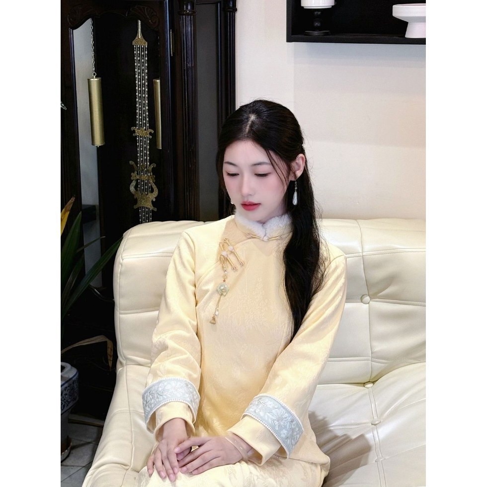 改良旗袍黄色2025秋冬加绒新款复古显白新中式绝美日常可穿高级感