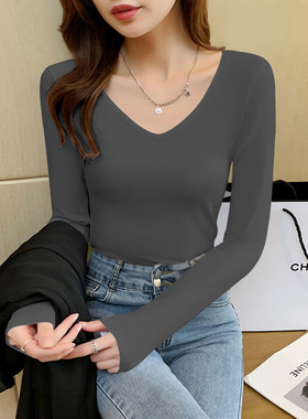 烟灰色打底衫女秋冬内搭长袖2021年春秋新款纯棉v领紧身百搭上衣