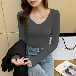 烟灰色打底衫女秋冬内搭长袖2021年春秋新款纯棉v领紧身百搭上衣