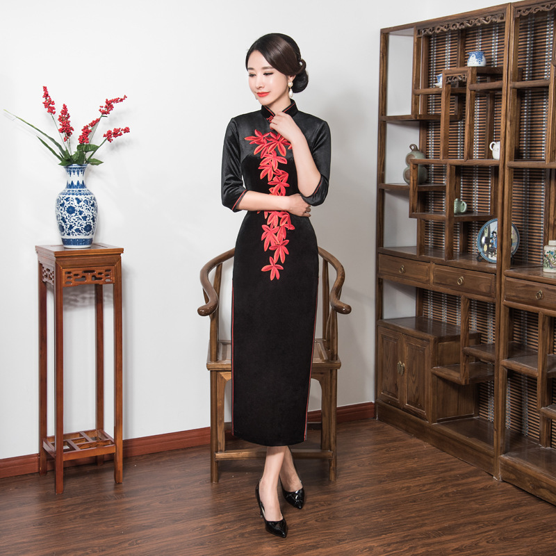 秋冬新款丝绒旗袍女装连