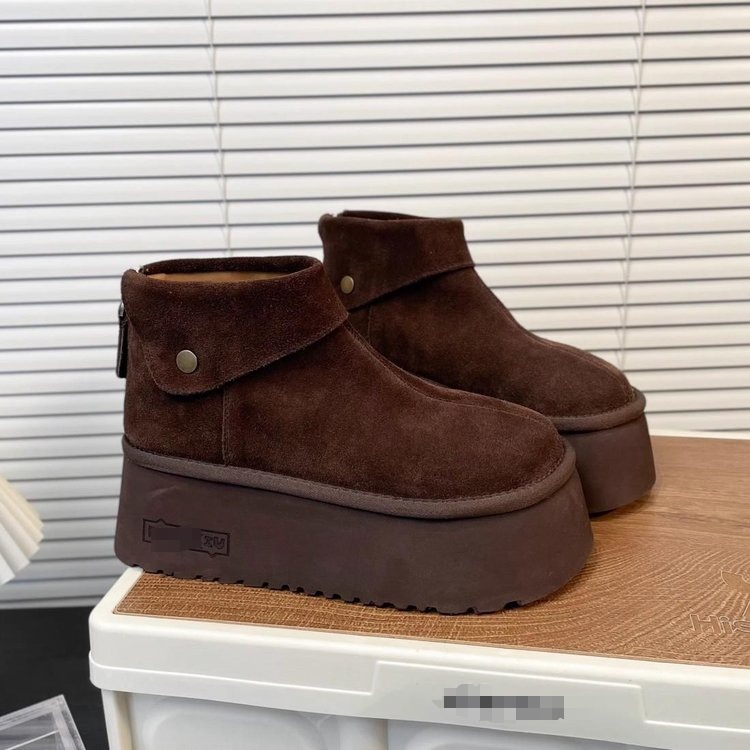 冬季新款厚底松糕小个子复古博肯鞋磨砂皮高跟雪地棉靴短靴面包鞋