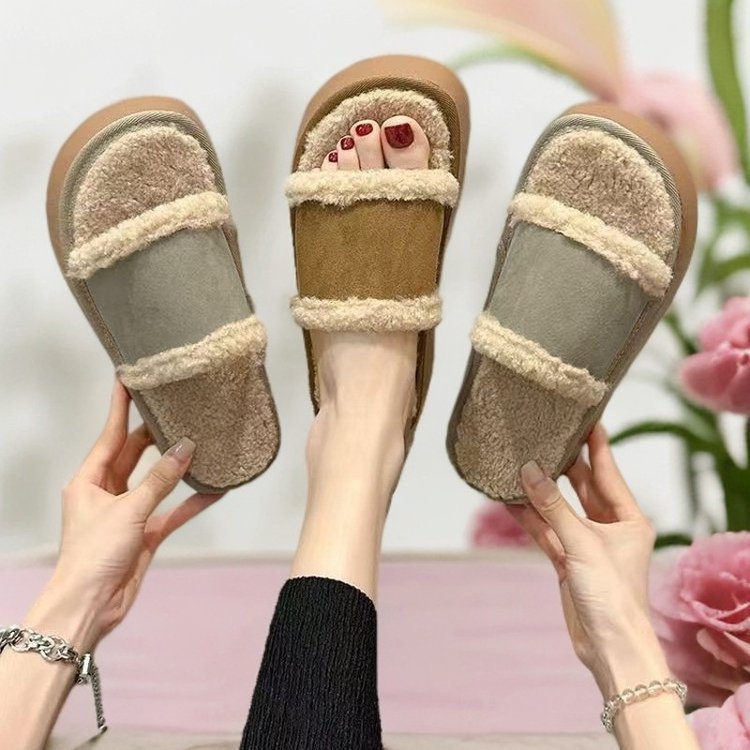 厚底毛毛拖鞋女外穿2025秋冬季新款复古宽带面一字网红爆款棉拖鞋