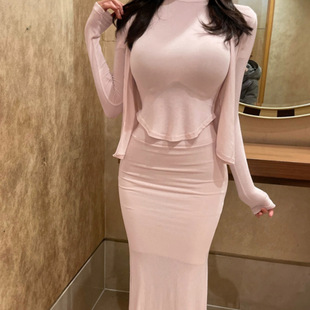 包臀长裙女 开襟衫 韩国东大门气质性感三件套紧身半高领短袖 T恤