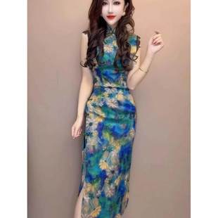 开叉高腰修身 古风新中式 印花立领砍袖 新款 裙潮 旗袍裙女2025年夏季