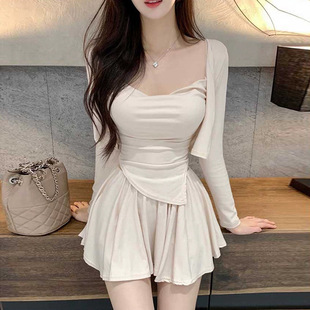 半身裙三件套装 韩国东大门气质性感荡荡领吊带 开衫 短款 女士 长袖