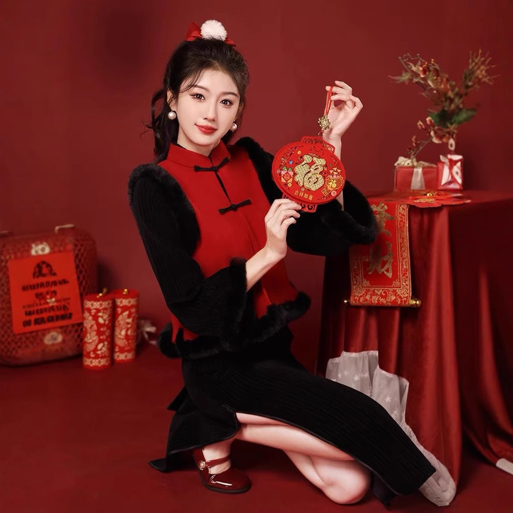 过年旗袍小袄拜年服成人唐装新年国风马甲套装秋冬季女装战袍加厚