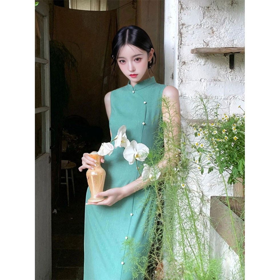 绝美新中式改良旗袍2025夏季新款纯色气质显瘦无袖连衣裙女年轻款