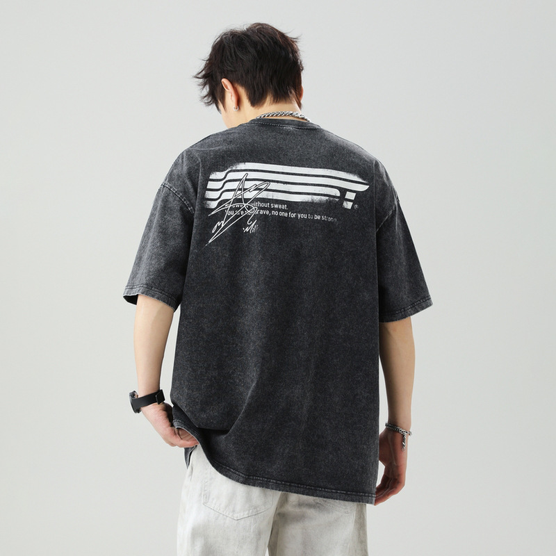 雪花水洗短袖T恤男夏季新款破碎肌理字母印花半袖日系宽松体恤衫q