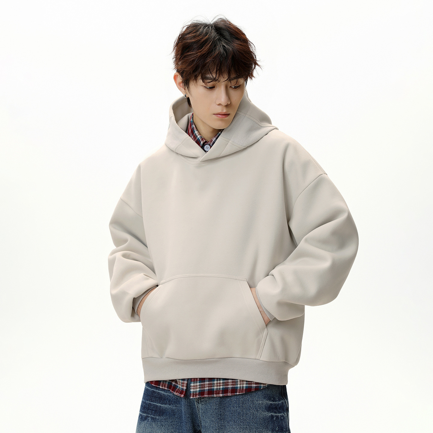 380g重磅基础拼接连帽卫衣秋季短款boxy潮牌宽松纯色美式帽衫q