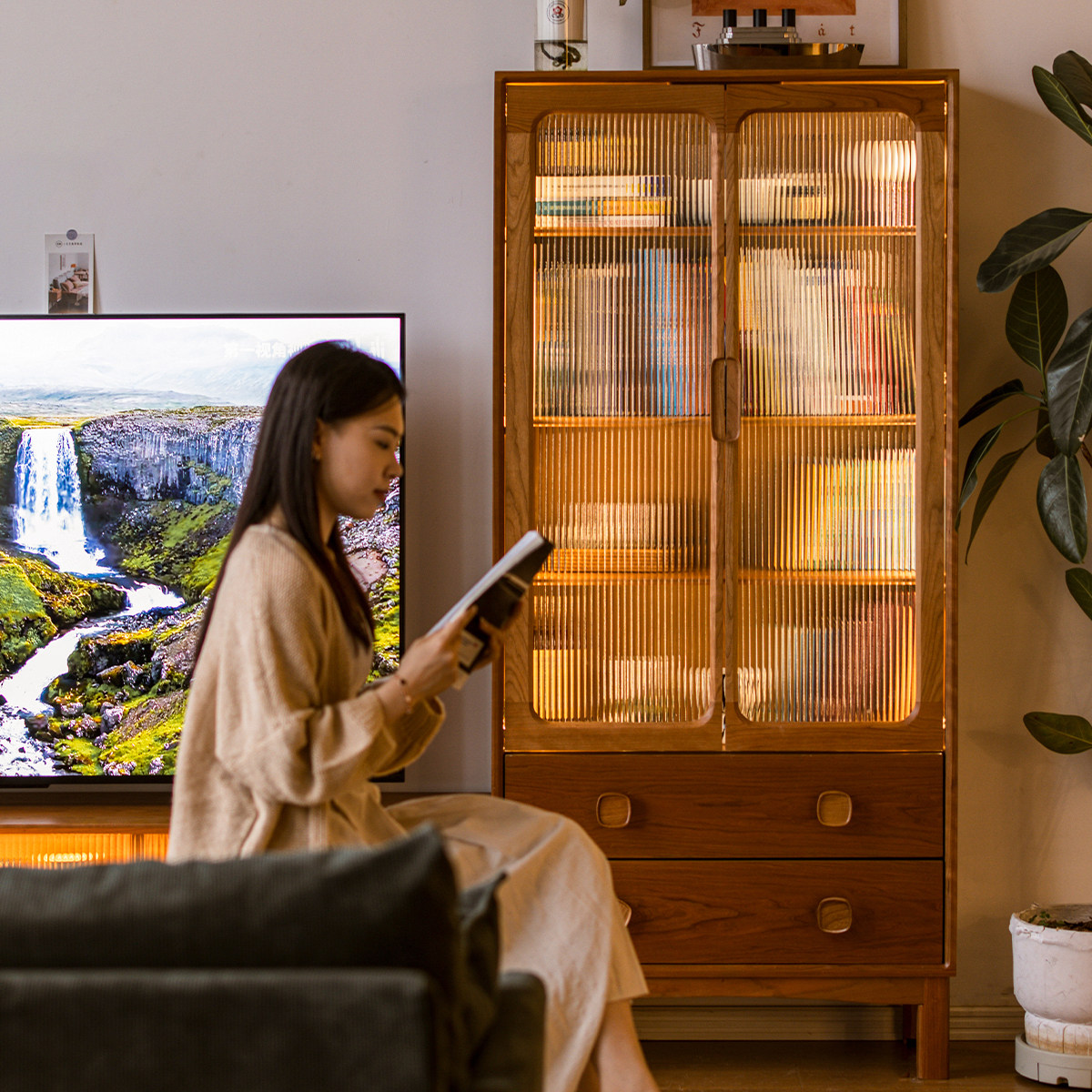 书柜家用书房樱桃木玻璃门展示柜