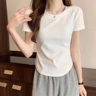 显瘦百搭上衣 螺纹棉短袖 正肩圆领纯色t恤女夏季 时尚 下摆圆弧修身