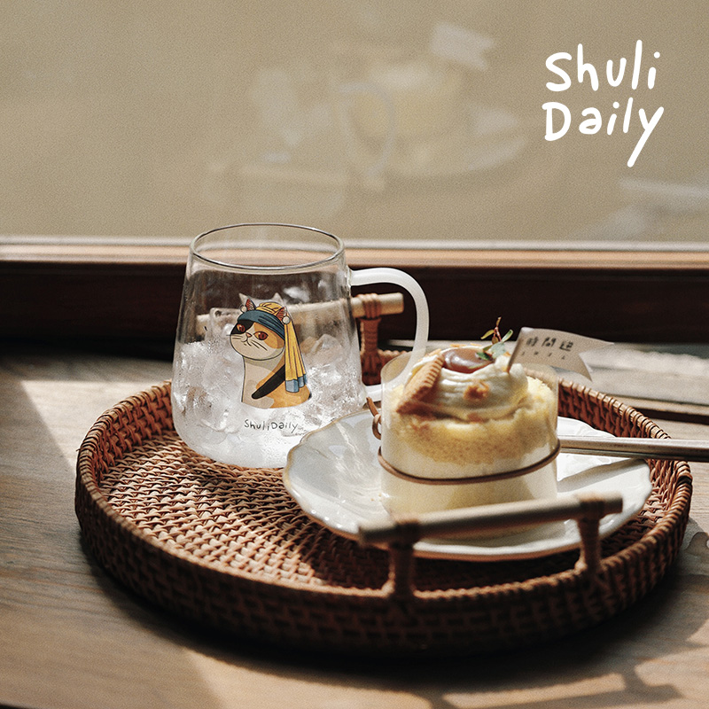 原创小众设计师创意戴珍珠耳环少女正峰高硼硅耐热玻璃杯带把手