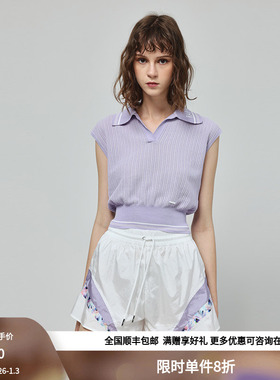 RARE威雅意大利女装 紫色翻领塔袖V领短款套头毛衫