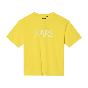 RARE威雅男装秋季前胸白色字绣花串珠明黄色男士短袖T恤