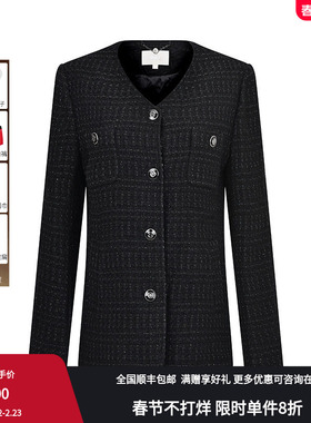 RARE威雅女装秋冬宽松休闲黑色花呢棉服外套RR2246140095