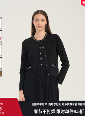 RARE威雅女装 2025春夏针织衫圆领黑色毛开衫RR2255250308