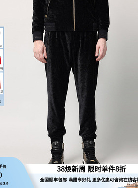 RARE威雅男裤奥莱秋冬男卫裤黑色压皱丝绒撞金色细节针织裤