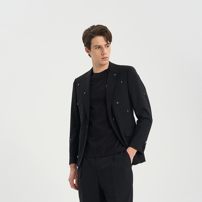 RARE威雅男装春夏黑色羊毛混纺西装套装悬挂水钻西服外套