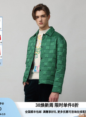 RARE威雅男装 冬季男士绿色满身方块RARE薄翻领休闲棉服外套