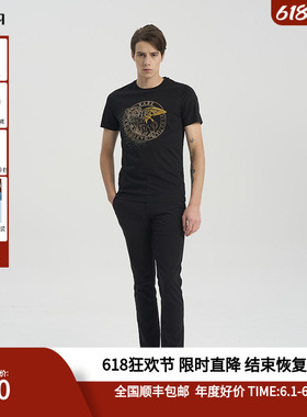 RARE威雅男装奥莱outlets夏季手绘飞狮金色烫钻黑色圆领短T