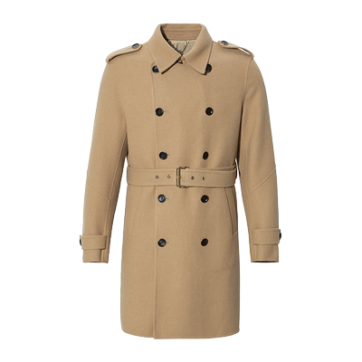 RARE威雅男装奥莱秋冬男士卡其色双面呢双排扣风衣型长款大衣