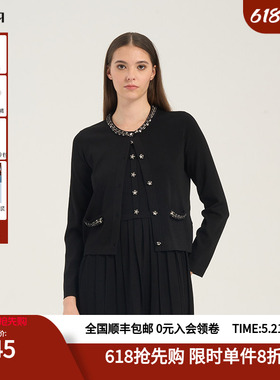 RARE威雅女装 春夏针织衫圆领黑色毛开衫RR2255250308