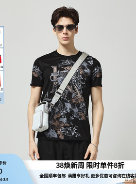 RARE威雅男装奥莱夏季修身版黑色圆领数码印花烫钻男士短袖T恤