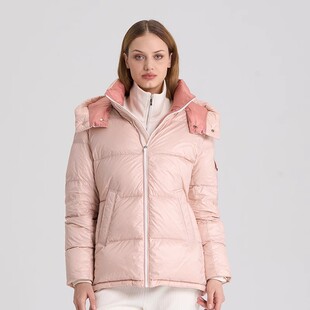 RARE威雅女装冬季纯色经典休闲风厚款保暖外套粉色连帽羽绒服