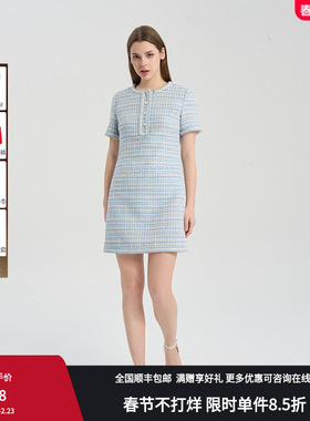 RARE威雅女装春夏霁风蓝修身圆领短袖连衣裙RR2245310218
