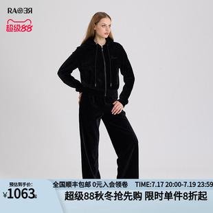 RARE威雅 秋冬女士黑色灯芯绒轻工艺logo外套裤子