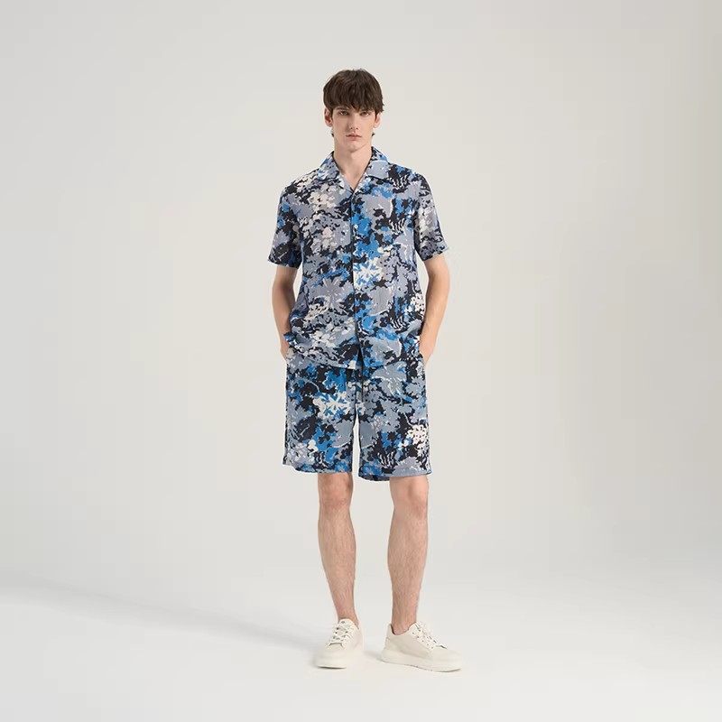 RARA威雅男装春夏新款森林休闲风植物印花泡泡纱短袖衬衫短裤套装