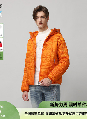 RARE威雅男装奥莱秋冬男士橙色满身R字绣花连帽休闲棉外套