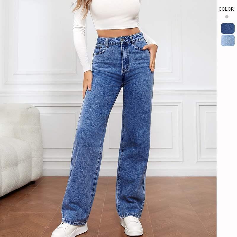 Washed denim fashion straight pants jeans for women