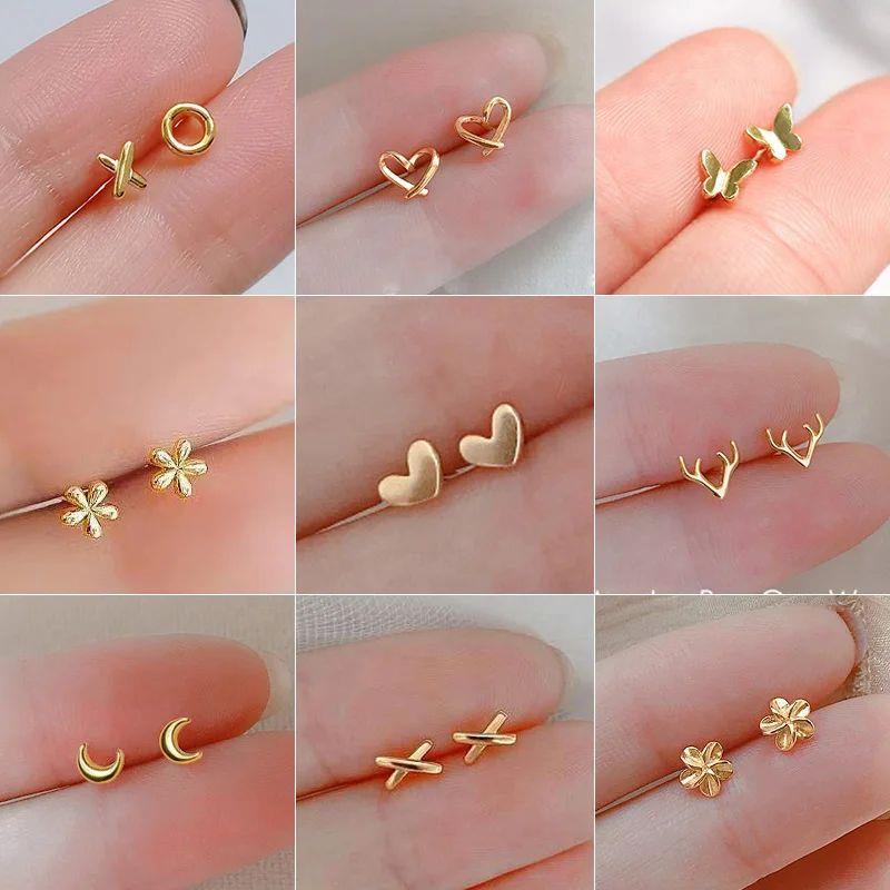 silver-plate Gold Color Mini Small Butterfly Heart Stud Earr