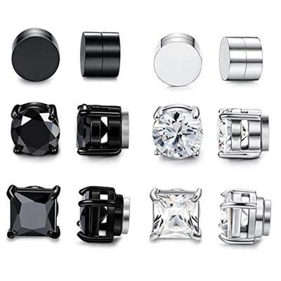 6 Pairs of Magnetic Stud Earrings Men and Women Black Magnet