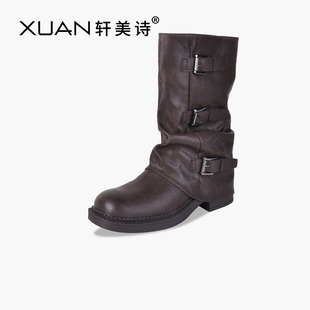 轩美诗仿羊纹皮女推推靴2025秋冬新款加绒中筒休闲时装短靴70158