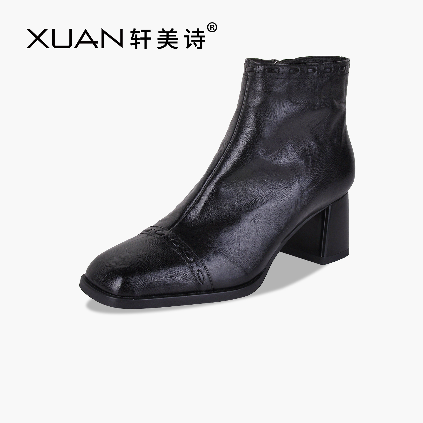 轩美诗牛皮女时装靴2025秋冬新款方跟方头职业英伦休闲单靴60369