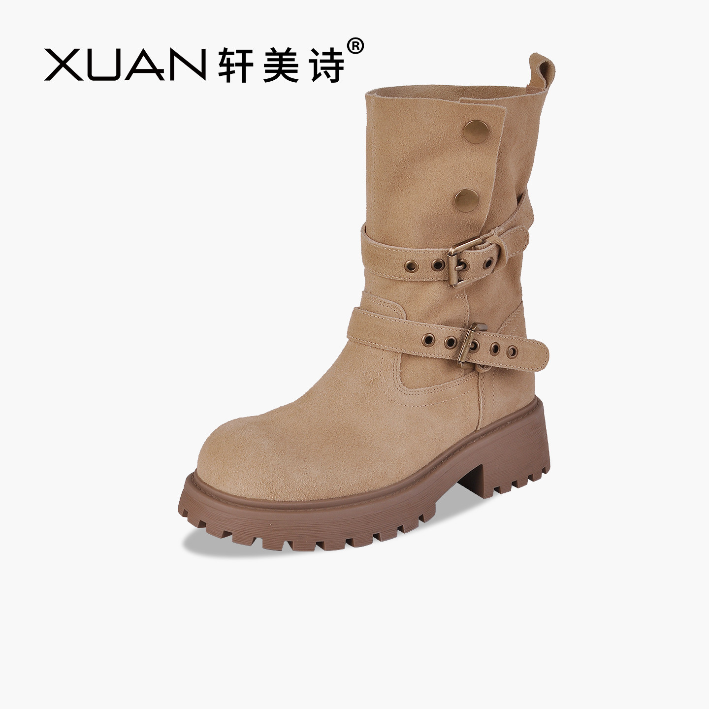 轩美诗磨砂皮女游牧靴2025秋冬新款超软翻毛皮休闲时装单靴60374