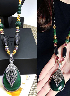 民族风翠绿葫芦项链波西米亚复古饰品毛衣链水滴树叶吊坠衣服配饰