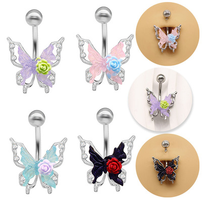 盖贝欧美跨境穿刺肚脐环清新甜美蝴蝶肚脐环玫瑰脐钉belly ring
