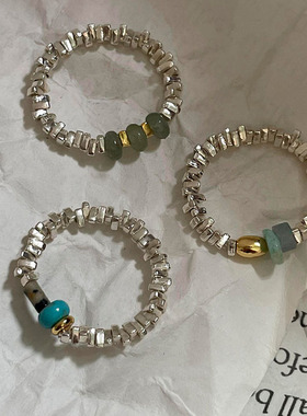 韩版小众设计串珠玉石戒指女ins轻奢风时尚百搭感弹力指环潮