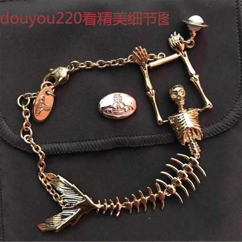 土星系列新款鱼骨链骷髅美人鱼手链个性简约欧美镀金