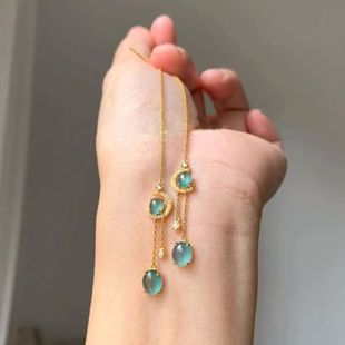 国风温柔气质高冰斐翠蓝水滴耳坠女金色镶嵌新中式耳线感耳饰