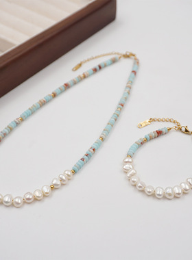 珍珠项链彩色小众设计春夏美拉德串珠锁骨链淡水珍珠项链手链套装