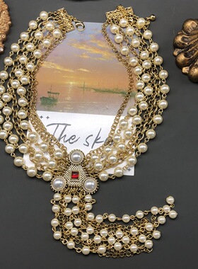 优雅气质长款多层珍珠流苏项链奢华大气长款毛衣链气质中古饰品