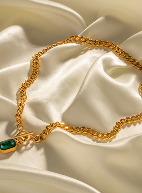 欧美ins风跨境法式复古祖母绿皓石吊坠项链不掉色小众设计饰品女