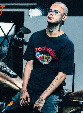 VLONE 街头智者 做旧水洗 蜘蛛V字印花T恤男女同款黑色V-00054