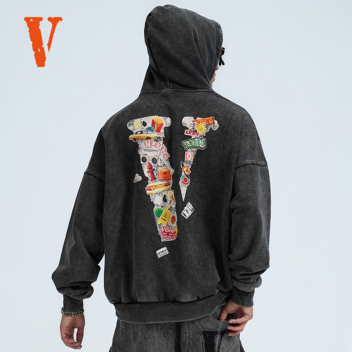 VLONE 贴纸涂鸦大LOGO印花  做旧水洗宽松连帽卫衣 男女同款