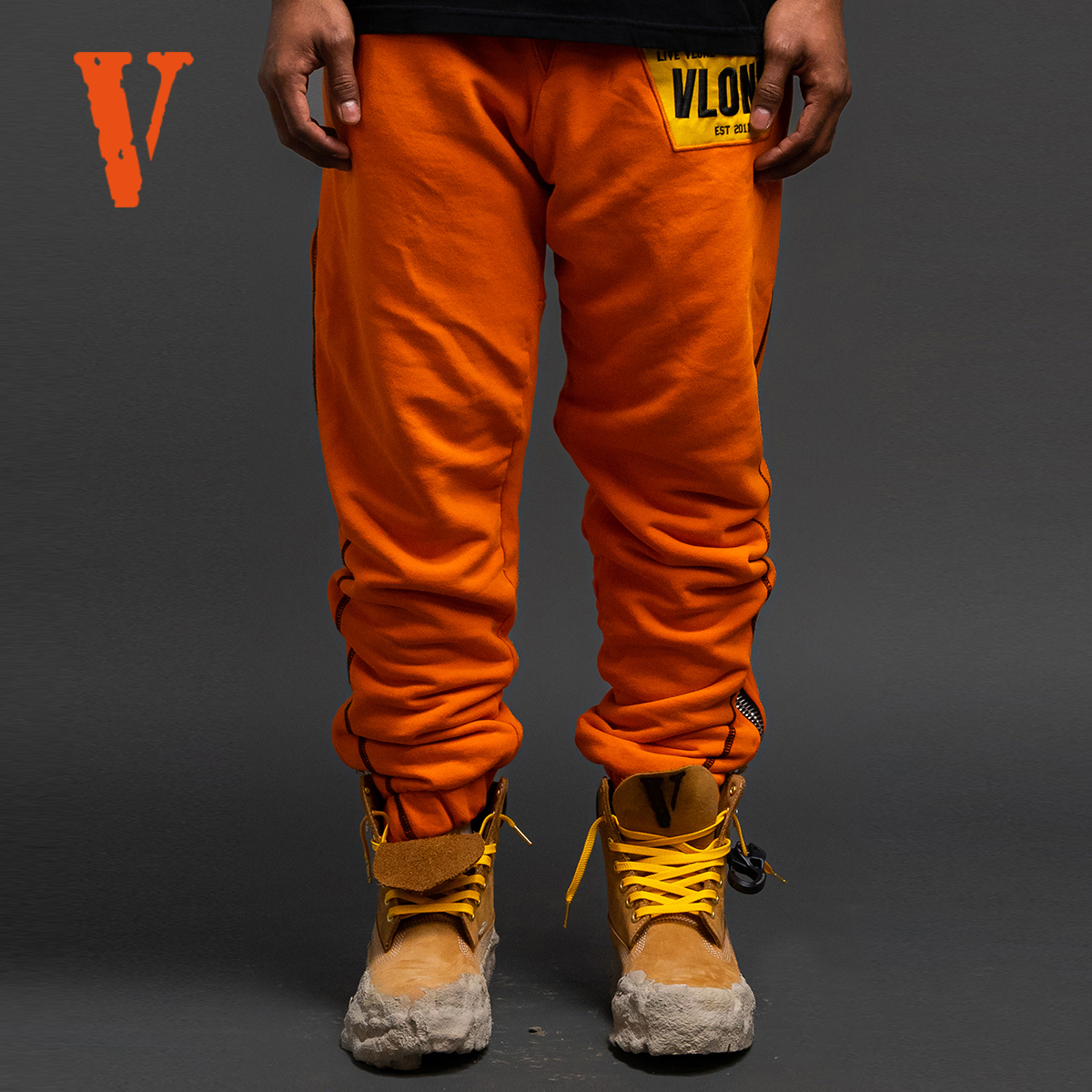 VLONE美款BBB警示路段字母logo刺绣超重磅双层束脚针织卫裤情侣款